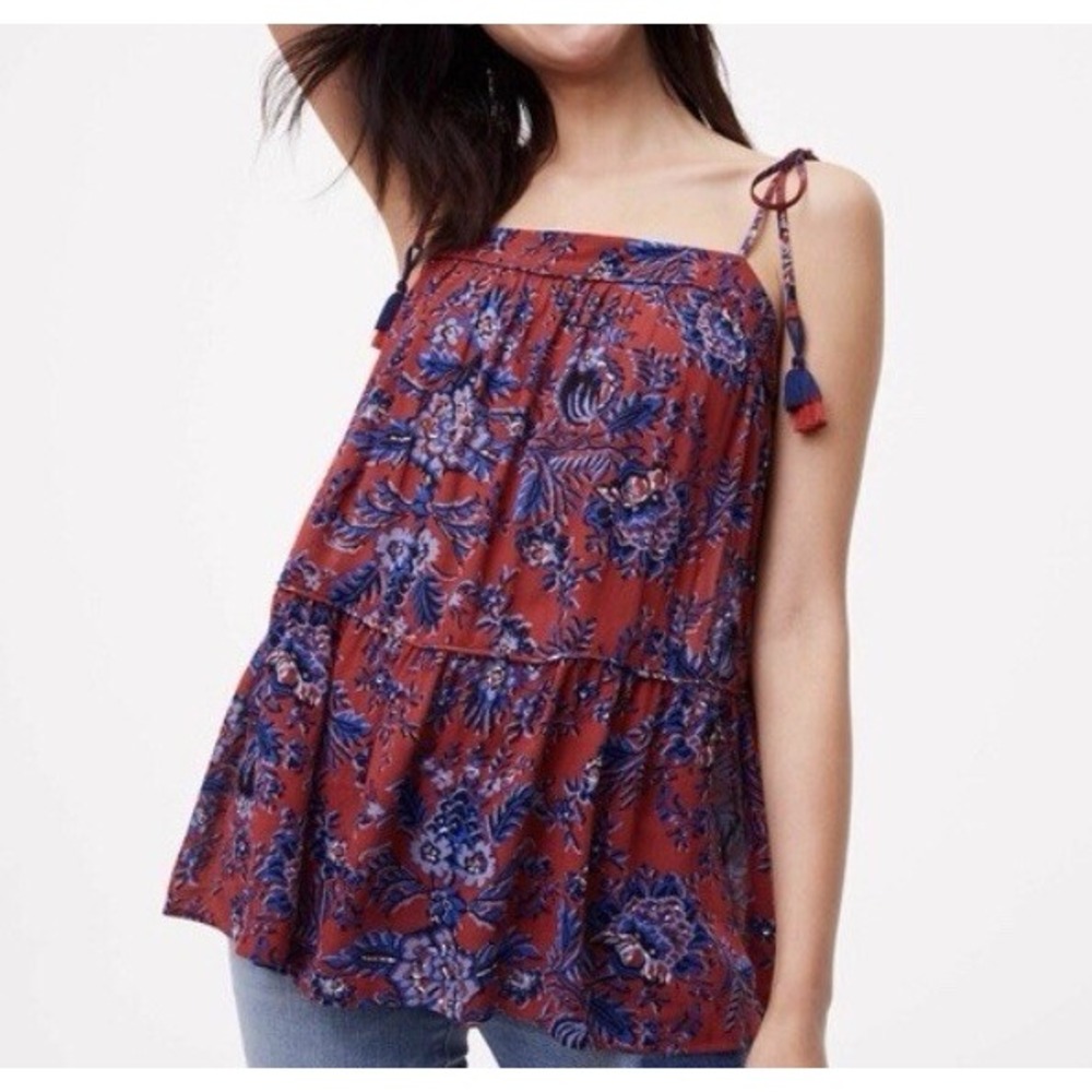 LOFT Criss Cross Back Tassel Tank Womens XS Floral Americana Ruffle Boho